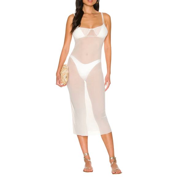 WEWOREWHAT Scoop Back Maxi Dress Power Mesh Off White Cover Up Slip Large NWT - Picture 9 of 10